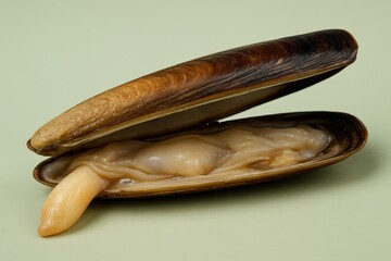 Mollusk opens its shell, revealing flesh in natural habitat during daylight hours