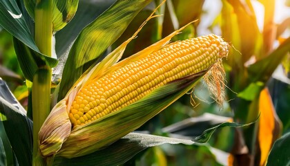 close up of ripe golden corn on the cob surrounded by green leaves in a sunlit cornfield at harvest time capturing nature s bounty and agriculture beauty
