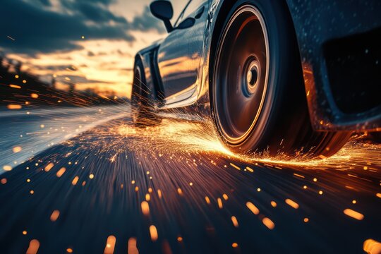 Fast car speeding on road with sparks at sunset