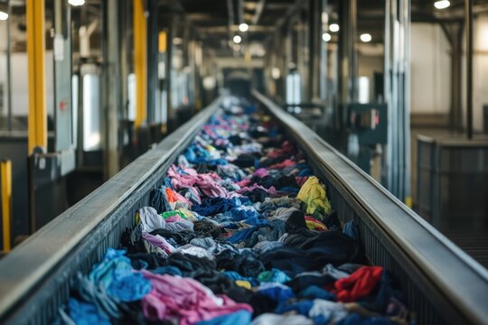Textile recycling plant with clothes on conveyor belt