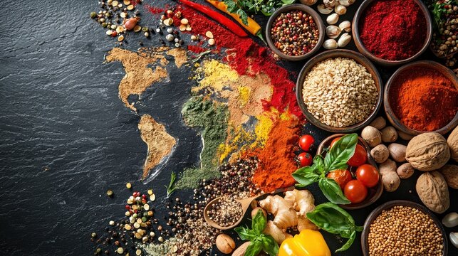A colorful array of spices and herbs on a black background, with a world map in the background.