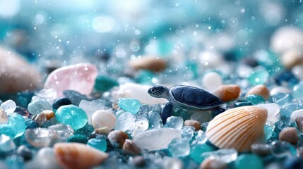 Fototapeta premium A tiny sea turtle crawls over colorful sea glass and shells on a glistening beach.