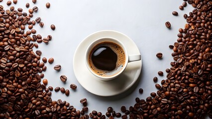 Naklejka premium Aromatic coffee cup surrounded by roasted beans