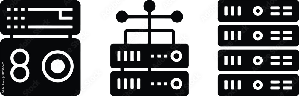 Aufkleber three black server icons arranged horizontally on a white background in a simple minimalist style