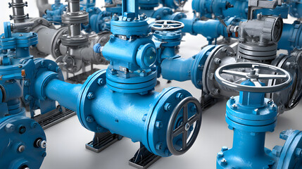 Obraz premium Close-up of industrial valves and pipes in vibrant blue hues, showcasing intricate machinery design.