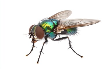 Close-up of flying housefly on white