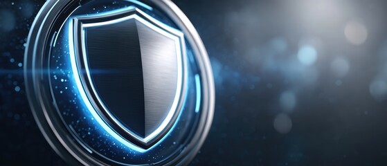 Metallic shield icon with glowing blue accents symbolizes protection and security in a digital environment.