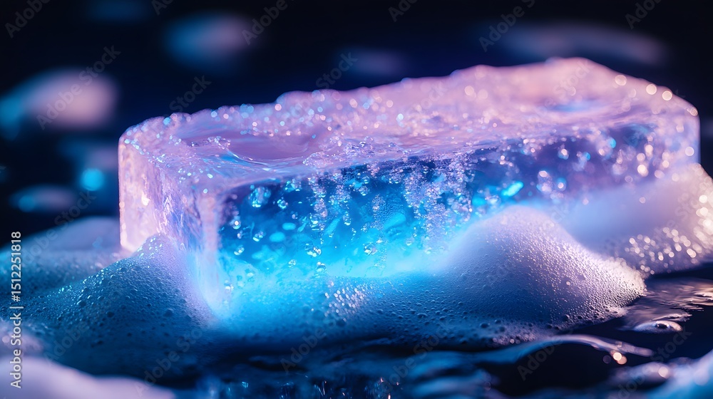 Poster abstract ice cube with foam in vibrant blue and purple tones for refreshing concepts