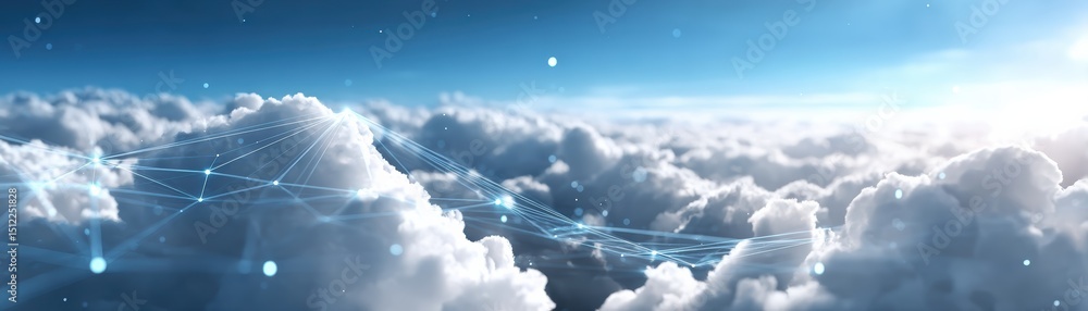 Poster a bright sky filled with clouds, overlaid with a digital network pattern, symbolizing cloud computin