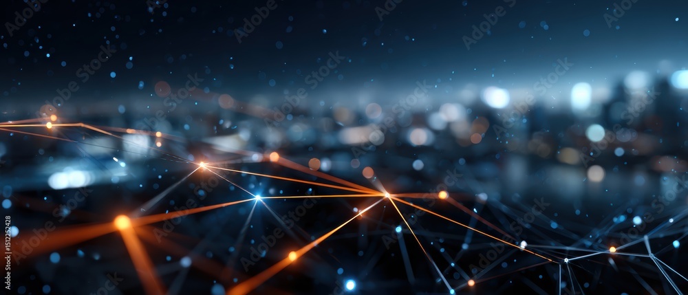Poster a glowing network of interconnected points and lines against a blurred cityscape at night, symbolizi