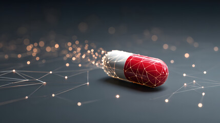 A digitally rendered red and white capsule with glowing particles, symbolizing advanced medicine and technology.