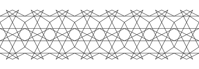 Monochrome black ornate grid on white background. Geometric complex seamless border. Vector ornament of broken lines. Delicate linear pattern for your design projects.