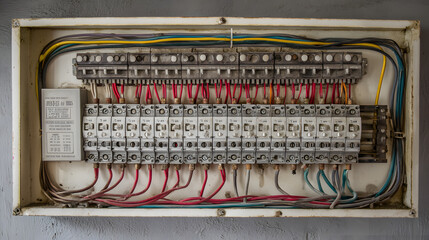 A detailed view of an industrial electrical panel with numerous circuit breakers and colored wires.
