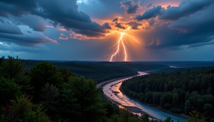 a stormy sky with dramatic lightning over a forest, rain soaked ground, and a glowing river in the distance.