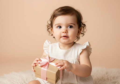 baby girl holding gift box pastel peach