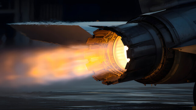 Close-up of a jet engine's afterburner, showcasing the intense orange and yellow flames during ignition.