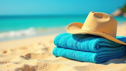Folded blue towel, wide-brimmed hat, golden sand, sunny beach, sand, sun hat