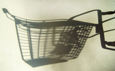 Shadow of a supermarket shopping cart on a white background with sunlight. Minimalist shopping concept.
