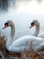Swans resting by the lake