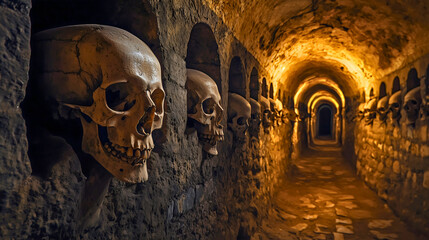 A haunted old abandoned catacomb with human skeletons inside an ancient dark catacomb.