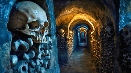 A very old and historically significant catacomb with skulls on its walls a catacomb used as a burial site.