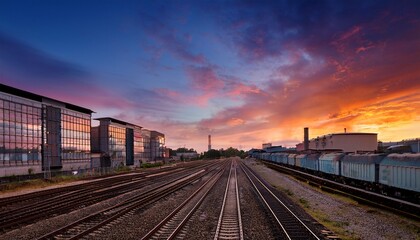 Fototapeta premium train tracks disappearing toward industrial buildings under colorful sky at dusk