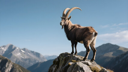 Majestic Mountain Goat with Long Horns Posing on Rocky Cliff