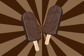 Two chocolate popsicles on sticks against a brown radial ray background. Suitable for food and summer promotion themes.