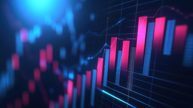 A digital stock market graph with blue and pink bars and lines, representing financial data. - Powered by Adobe