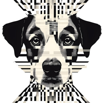 Modern abstract geometric pattern featuring a dog's face in the center, isolated on transparent background. AR 1:1.