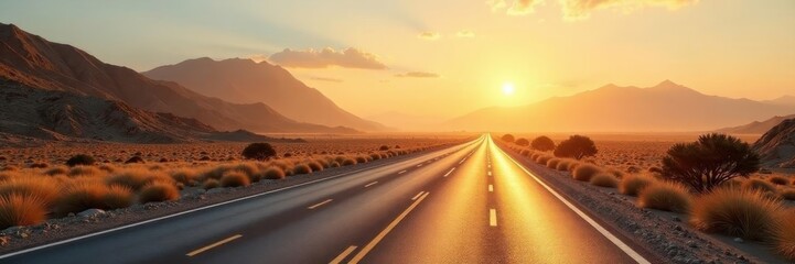 Sun-bleached highway cuts through debris field , wasteland, deserted