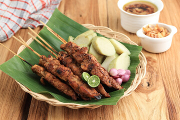 Close Up Sate Ayam with Lontong, Indonesian Satay with Rice Cake,