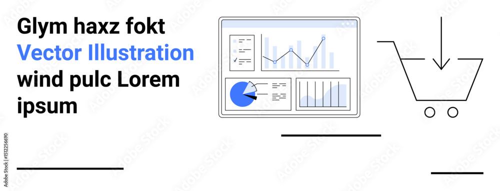 Poster analytics dashboard showcasing charts and graphs alongside a shopping cart symbol. ideal for data an