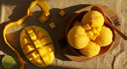 Mango sorbet with fresh mango cubes on a wooden bowl