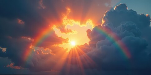 Sunlit rainbow with dramatic lighting effects, post-rain clouds , weather, shower, after rain