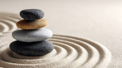 Stone pyramid in the Zen garden: Stacked pebbles on smooth sand – mindfulness and relaxation
