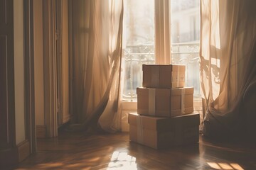 Sunlit room with stacked boxes near a window, soft curtains billowing, creating a warm atmosphere