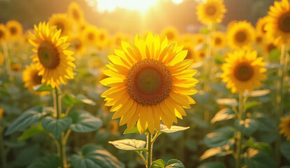 Obraz premium Sunflower field and sunset. Garden.