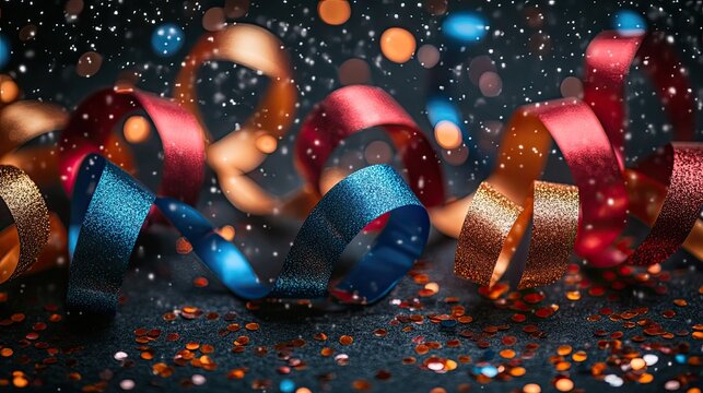 Festive shimmering ribbons dance in a celebratory swirl embracing holiday cheer and joyful anticipation with sparkling