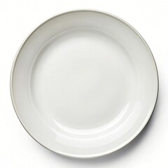 Empty white plate isolated on white background, a round ceramic dish for food presentation, perfect for restaurant or domestic use, in a modern and elegant style