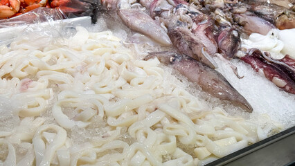 Icy squid tentacles whisper secrets of the ocean, evoking Calamari Day, mysterious maritime delicacies, frozen seafood elegance