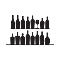 Collection of alcohol bottle silhouettes isolated on white background. Silhouette of Liquor Bottles on Bar Shelves – Vector Illustration of Alcohol Bottles, Wine, Spirits, and Glassware