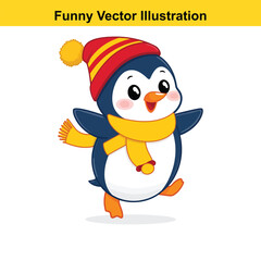 Obraz premium Cute Cartoon Penguin Wearing a Hat and Scarf Ready for Winter