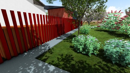 3d image of the landscape design of the home territory. Landscaping of the territory. Computer visualization of composite landscaping and landscaping solutions. White garden.