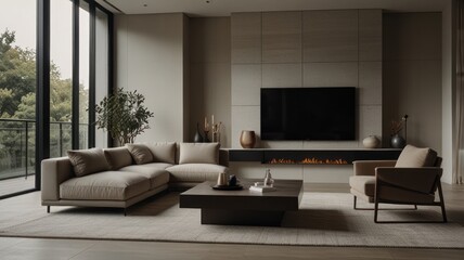 Modern beige living room with fireplace and view