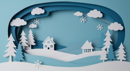 Paper cut winter scene with houses and trees snowy landscape