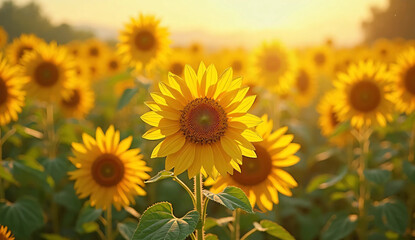 Obraz premium Sunflower field and sunset. Garden.