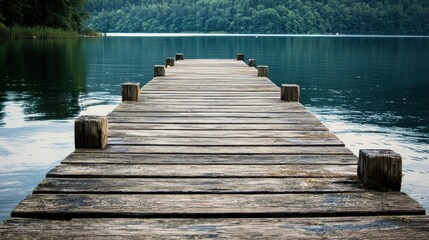 A wooden dock extending into a serene lake with a forested shoreline.