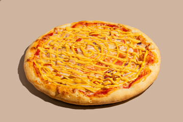 Golden mustard-drizzled pizza evokes quirky culinary explorations, ideal for International Pizza...