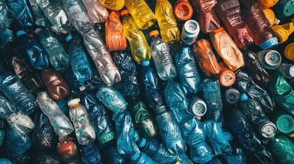 A colorful collection of plastic bottles, some with colorful labels, arranged in a pile on a table.